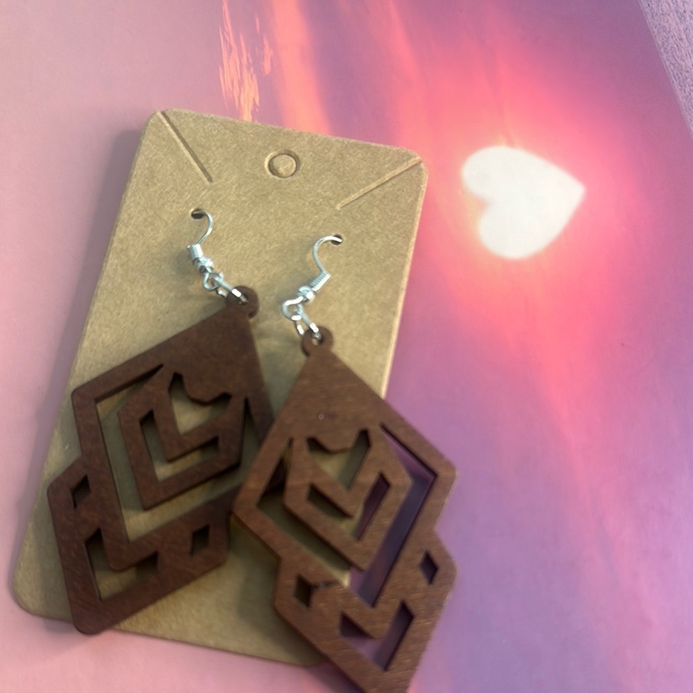 Brown Geometric Wooden Earrings with Intricate Pattern